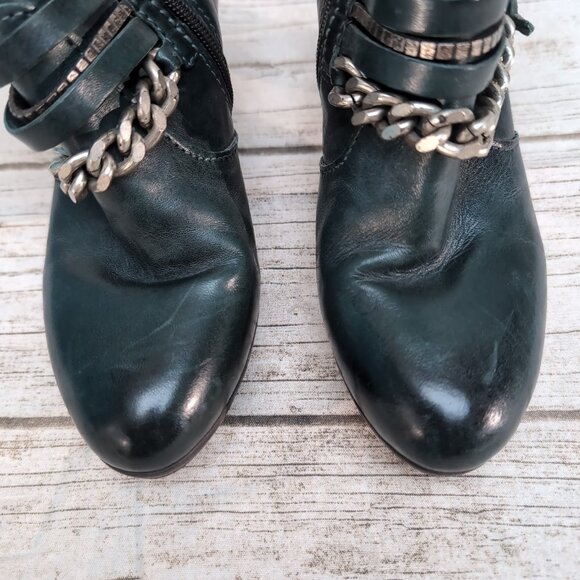 Mjus Dark Green Leather Ankle Boots Chain and Leather Harness Moto Biker Size 37 - Picture 5 of 10